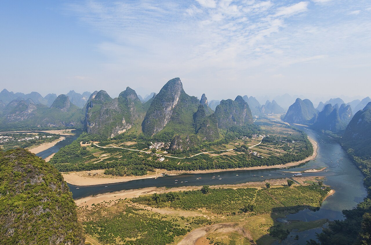 The Li River winding between karst peaks on the way from Guilin to Yangshuo